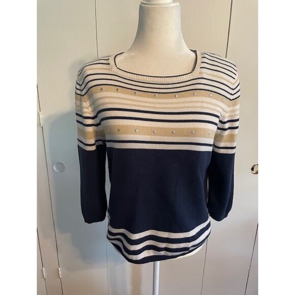 Sweater Size Medium Pullover with 3/4 sleeves Nautical Theme Blue / White / Tan - Picture 1 of 4
